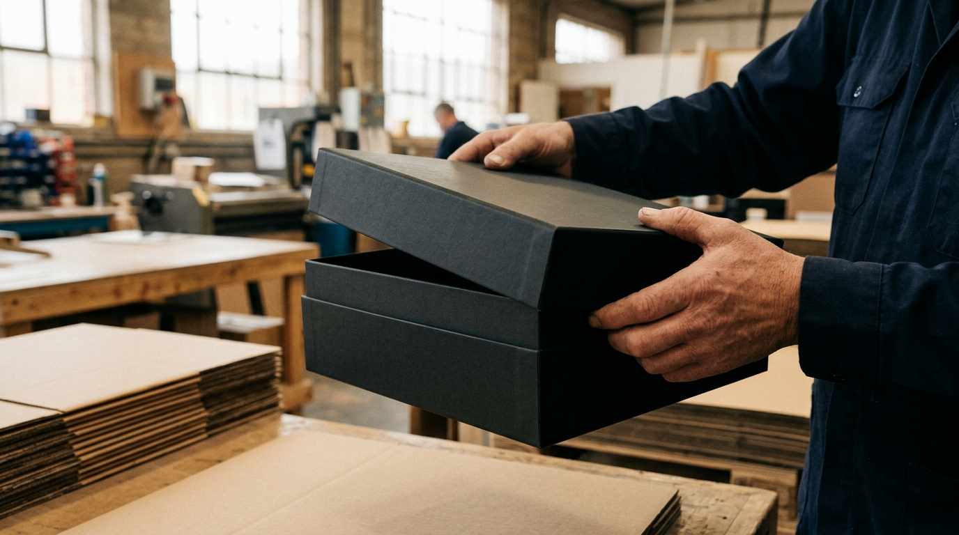 Rigid custom gift box held in hands showing the structural heft that signals luxury