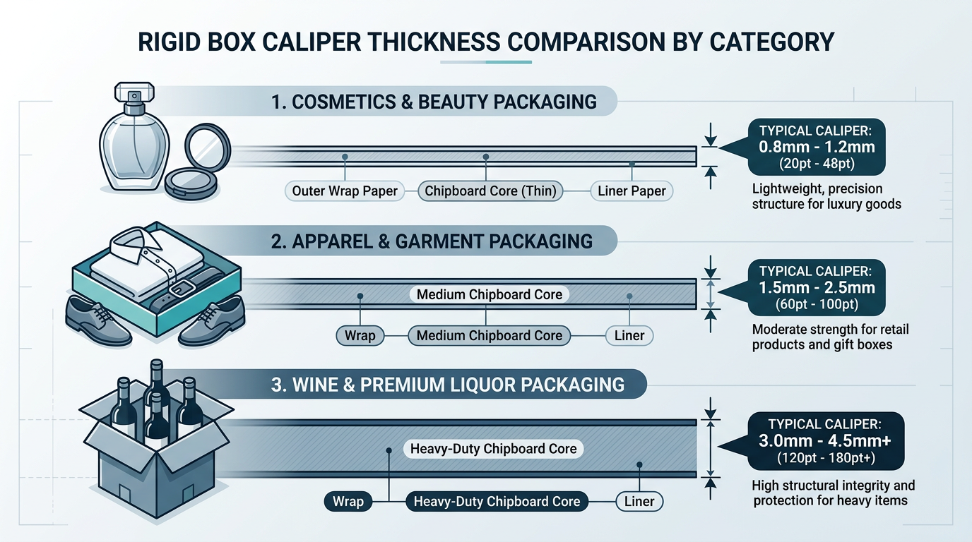 Board caliper comparison diagram for custom gift box product categories